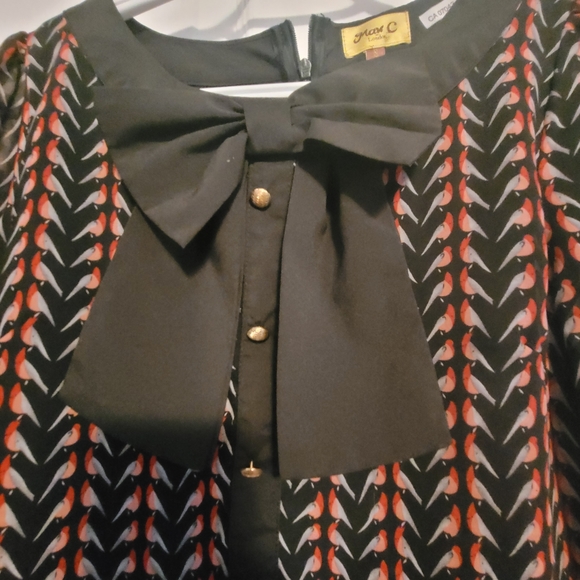 Max C London Long sleeve dress size S Abstract bird design with long black bow - Picture 7 of 14